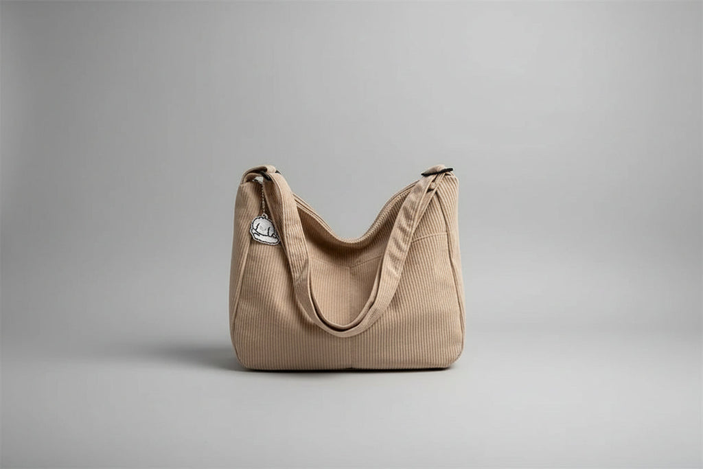 Beige corduroy handbag with a small white cat plushie on a surface with blinds in the background